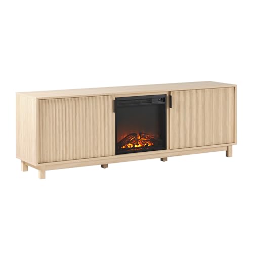Walker Edison Arundo Reeded TV Stand with Fireplace & Storage, 70" Fireplace, Coastal Oak - color: Coastal Oak, size: 70" x 15.75" 23.75"