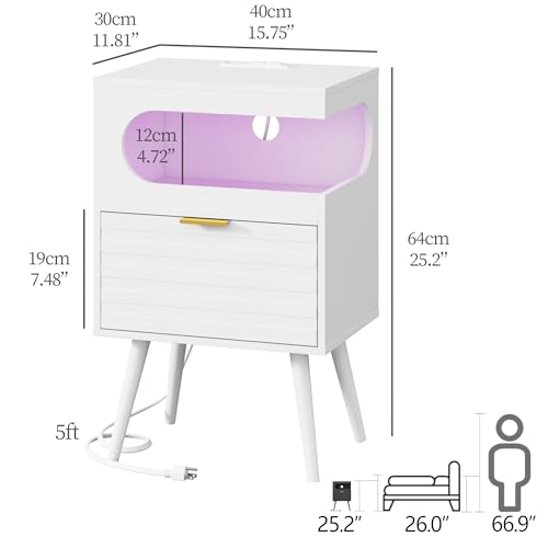 Veegle Nightstand,Modern Bedside Table with Storage Drawer and Open Wood Shelf, Accent Night Stand with Solid Wood Legs for Living Room, Bedroom and Small Spaces,Easy Assembly (White) - color: White