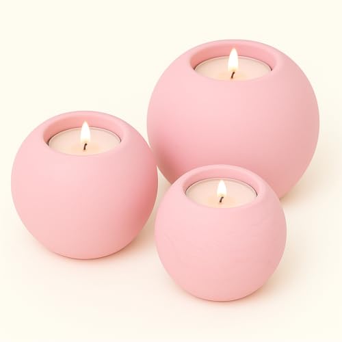Concrete Sphere Tea Light Holder - Minimalist Centerpiece - Candle Holder - Modern Interior Design (Pink, Set of 3 Sizes) - color: Pink, size: Set of 3 Sizes