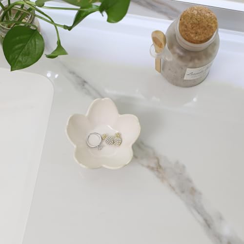 Flower Ring Dish Holder,Jewelry Dish Tray,Small Trinket Tray,Jewelry Plate Bowl,Key Bowl,Decorative Plate,Mothers Day Birthday Gifts for Women Mom Friends,Ceramic Kiln effect White - color: Kiln effect White