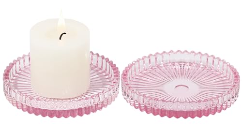 Vixdonos 3.8 Inch Glass Pillar Candle Holder Set Pack 2 Gear Round Plate Serrated Candle Stand for Table Centerpieces,Party, Wedding and Home Decor - color: Pink