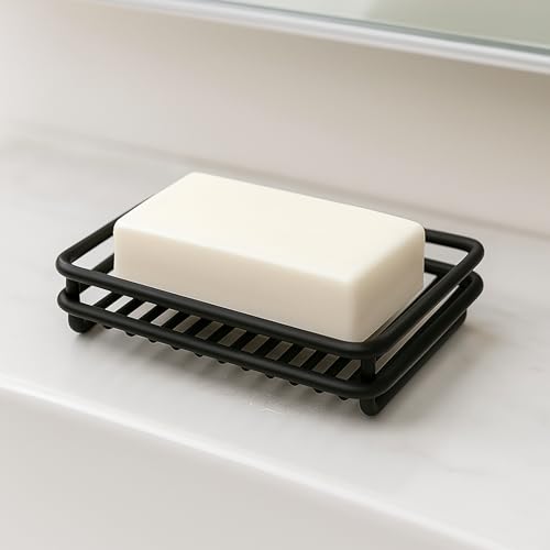 Creative Home Metal Wire Soap Dish Tray Rust-Resistant Iron Bathroom Holder with Black Powder Coating Bar Soap Rack for Shower Sink Kitchen Vanity, 3.1 x 4.4 x 1 H Inch - color: Black