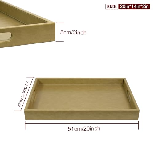 20 * 14 inches Leather Rectangle Serving Tray with Hole Handles,High-End Light Large Service Tray for Ottoman Tray, Tea, Food, Butler - Countertop, Kitchen,Family Dinner, Picnic (Brown) - color: Brown, size: 20" x 14" x 2"