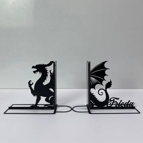 Craftnameisgn Custom Dragon Metal Bookends for Shelves Decorative, Dragon Book Ends Metal Art for Home Office, Book Stopper for Heavy Books, Dragon Book Shelf Holder - color: Black