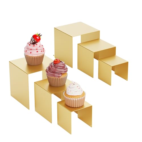 Matte Metal Display Stand,6 Pcs 2 Set Display Risers for Display, Metal Rectangular Display Shelf for Showcase, Dessert, Toys, Perfume (Gold, 3''x4''x5) - color: Gold, size: 3''x4''x5"