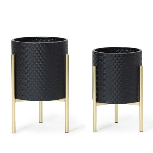 LuxenHome 2-Piece Diamond Pattern Round Metal Cachepot Planter Set, Black Planter with Gold Stands Set of 2 Indoor Plant Pots Large Floor Plant Pot for Plants, NOT Waterproof - color: A Black 9.9"+8.3"