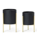 LuxenHome 2-Piece Diamond Pattern Round Metal Cachepot Planter Set, Black Planter with Gold Stands Set of 2 Indoor Plant Pots Large Floor Plant Pot for Plants, NOT Waterproof - color: A Black 9.9"+8.3"