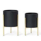 LuxenHome 2-Piece Diamond Pattern Round Metal Cachepot Planter Set, Black Planter with Gold Stands Set of 2 Indoor Plant Pots Large Floor Plant Pot for Plants, NOT Waterproof - color: A Black 9.9"+8.3"