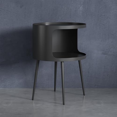 Modern Side Table,Round end Table with Open Storage,Metal nightstand,Bedside Table for Living Room,Bedroom - color: Black-round