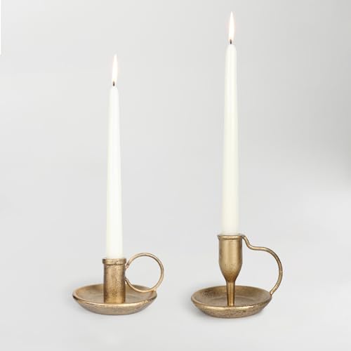 Iron Taper Candle Holder Set of 2 Antique Brass Candlestick Holders Vintage Decorative Candles Stand for Wedding Party Decoration Dinning Table Housewarming Gift - color: Brass