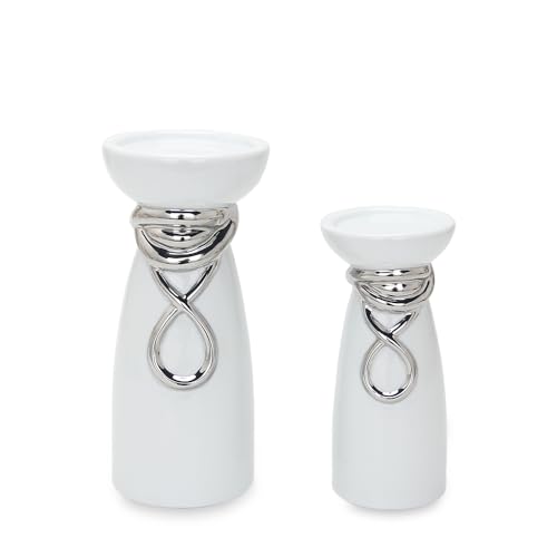 Ceramic Pillar Candle Holders, Set of 2 Candle Sticks Holder for Table Centerpiece, Decorative Silver Candle Stand for Living Room, Wedding, Dining Room, Shelf & Fireplace Decor - 8", 10" H - color: C041-silver