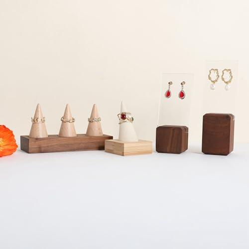GemeShou Wooden ring organizer holder for jewelry, Stable ring display stand for boutique store, walnut base with white ring cones for jewelry selling【Ring holder-Cone 3】 - style: Three Cone