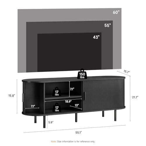 55" TV Stand with Power Outlet, Modern Media Console with Sliding Doors, Entertainment Center for TVs up to 60 Inch, Adjustable Shelves, Black - color: Black, size: 55 Inch