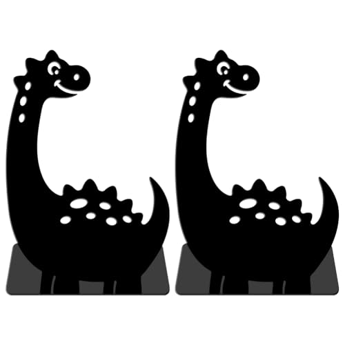 WADORN Cartoon Dinosaur Metal Bookends for Shelves Decorative 1 Pair, Heavy Duty Books End Support Non-Skid Book Holder Black L-Shaped Book Stopper for Home Office Desk Book Divider, 4.7x3.5x7 Inch - color: Dinosaur