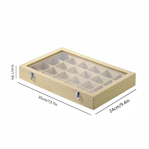 Coward Jewelry Organizer Box, Yellow Linen 24 Grids Ring Earring Jewelry Display Tray Case with Transparent Glass Lid for Home Drawer or Shop Selling - color: Yellow Linen, size: 24Grids Box