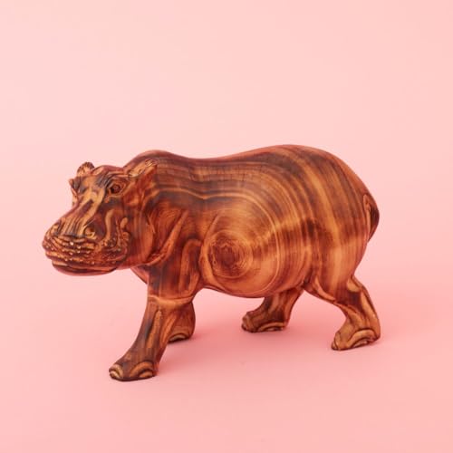 Large Wood Animal Sculptures Set for Room Decor, Giraffe, Hippo, Rhino, Lion and Elephant Statues, Brown - size: Set of 5