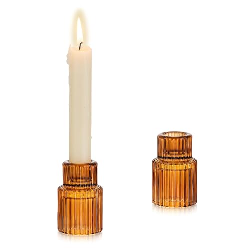Glasseam Glass Tapered Candlestick Holders: Amber Ribbed Set of 2 for Table Centerpiece, Fall Decor, Christmas Party, Halloween, Thanksgiving - color: Amber