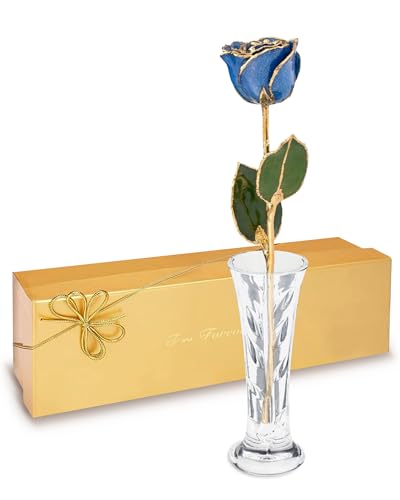 Forever Rose Hand-Dipped in 24K Gold, Sapphire-Inspired September Birthstone with Sparkles, Real Rose in Luxury Gold Gift Box & Clear Glass Bud Vase, Perfect Ready for September Birthday -Any Occasion - color: September Sapphire