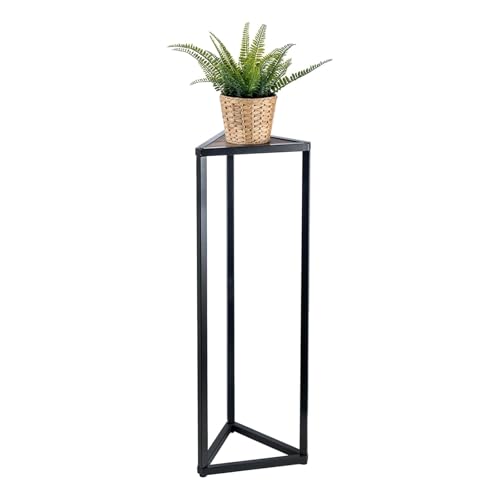 MyGift 36 Inch Tall Plant Stand Indoor - Modern Triangular Corner Plant Stand, Large Torched Wood and Black Metal Frame Plant Pot Pedestal Holder