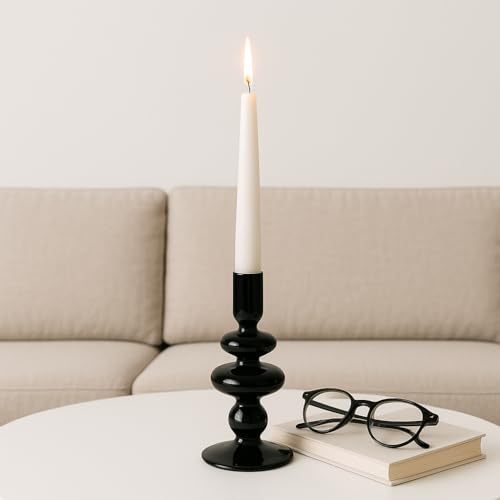 Glass Taper Candle Holder - Table Candle Holder for Soft Candlelight and Table Decor - Dining Room or Living Room Mantel Display - Modern Disc and Sphere Design Accent, Home Decor – 7", Black - color: Black, size: 7.0" H