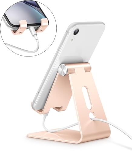 OMOTON Adjustable Cell Phone Stand, C2 Aluminum Desktop Phone Dock Holder Compatible with iPhone 15 14 13 Pro, SE, XR, 8 Plus 7 6, Samsung Galaxy, Google Pixel and More, Gold - color: Gold