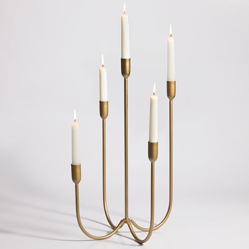Perfnique 5-Candle Iron Candelabra, 17 Inch Antique Brass Gold Candle Holder, Hand-Forged Cast Gold Candle Holder for Wedding, Event, Christmas & Dining, Table Centerpiece Décor
