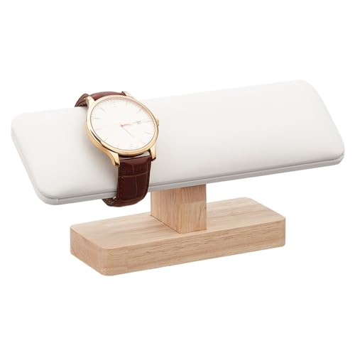 NBEADS Wooden Watch Display Stand, T-Bar Bracelet Holder PU Leather Jewelry Organizer Holder Removable Bangle Anklet Tower Rack for Home Use, Retail Display Selling, White, 7.6×1.97×3.39 Inch