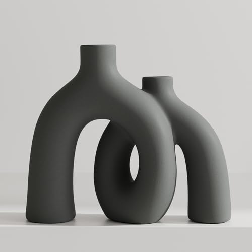 Hug Donut Decorative Vase Set - Dark Gray Modern Minimalism Industrial Style Vases Home Decor, Matte Ceramic Decorations for Living Room Shelf, Bookshelf Mantle Entryway Table or Console Décor(Gray) - color: Gray