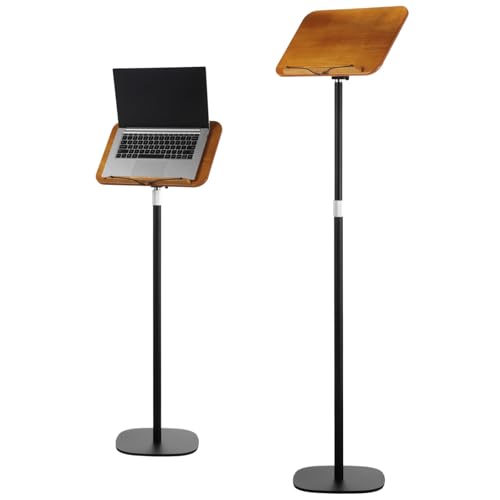 Floor Book Stand Adjustable from 20-51 Inches, Reading Stand with Page Clips, Sit to Stand Wooden Desk with Steel Tube & Base, Music Sheet Stand, Laptop Tablet Holder for Home Office