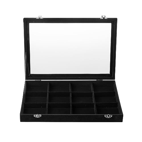 Frebeauty Velvet Jewelry Tray,12 Grid Jewelry Organizer with Clear Lid,Bracelets Holder,Jewelry Display Case with Clasp,Drawer Insert Bangle Brooch,13.8 x 9.5 x 2 Inches,Gift for Women Girls(Black) - color: Black, size: 12 Grid