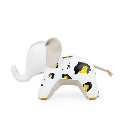 Bookend Elephant Abby Fresh Awaken, Leather Bookends for Shelves, Handmade Animal Home Decor, Zuny Series, White+Yellow Leopard+Ochre Yellow - color: Elephant Abby Yellow