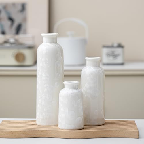 Modern Ceramic Vase Set of 3, White Crystalline Glaze Colors, Decorative Bottles for Home, Farmhouse Rustic Decor Housewarming Gifts, Wedding Gifts, Birthday Gifts for Women(Crystalline Glaze White) - color: Crystalline Glaze White