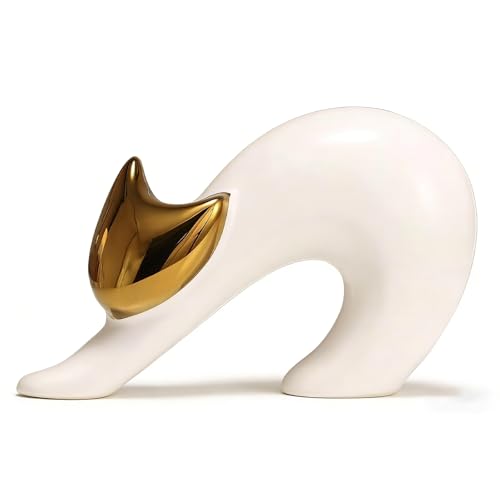 Cat Statues Home Decor White Ceramic Cat Figurine, Gold Cat Figurine Accent, Modern Cat Sculpture 7.9in, Desk Cat Statue for Office Shelf - size: 4.7in