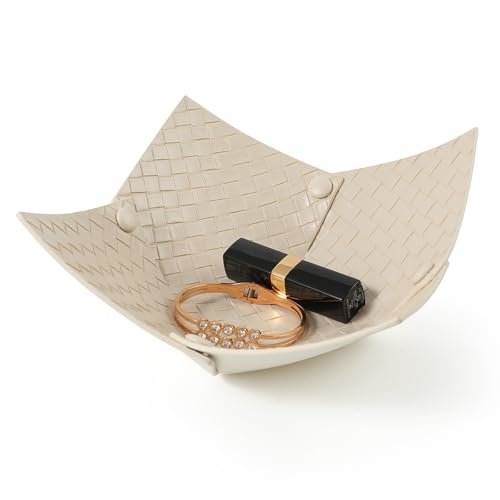 KINIVA 2 Pack PU Leather Jewelry Valet Tray for Men Women,Small Key Bowl for Entryway Table,Portable Travel Catchall Dice Tray (Bowl-White-2pcs) - style: Bowl-White-2pcs