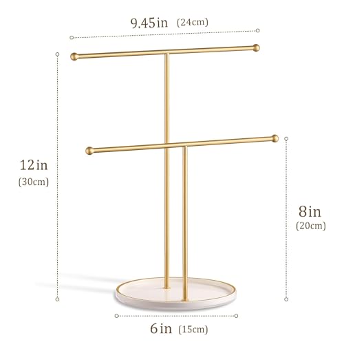 Gold Jewelry Holder Stand with Ceramic Tray: Small Hanging Necklace Organizer Tree for Earrings, Bracelets, Rings – Jewelry Display Hanger for Women & Girls, White - color: white tray gold bar