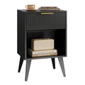 YAUKOMEL Fluted Night Stand with Opening Storage,Mid Century Bedside Table with Drawer,Black Nightstand with Wood Legs,End Table Side Table for Living Room,Bedroom,11.8" Dx15.7 Wx 25.2" H CTG56BK - color: Black
