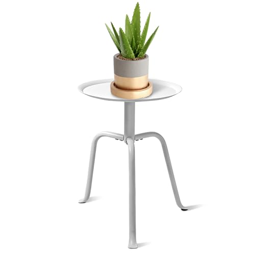 Plant Stand Indoor Outdoor, 11'' Round Black Mid Century Single Plant Table, 3-Leg Small Metal Plant Holders Flower Pot Stand, Modern Round Small Side End Table with Raised Design (White) - color: White