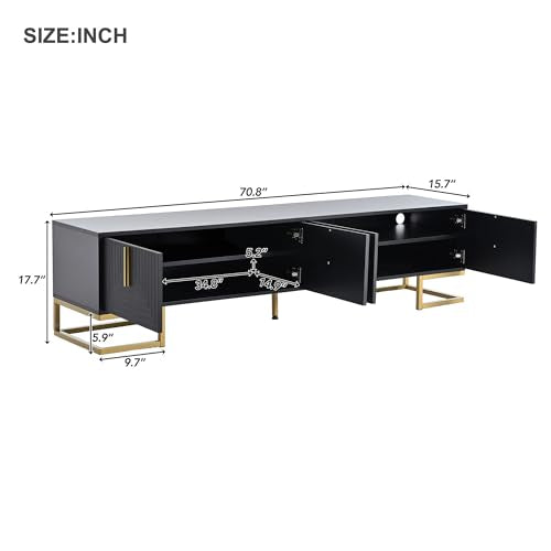 ON-TREND Modern TV Stand with Metal Legs and Gold Handles for TVs Up to 80'', Media Console Table with Cabinets and Adjustable Shelves, Luxury TV Cabinet with Geometric Lines for Living Room, Black - color: Black+gold1