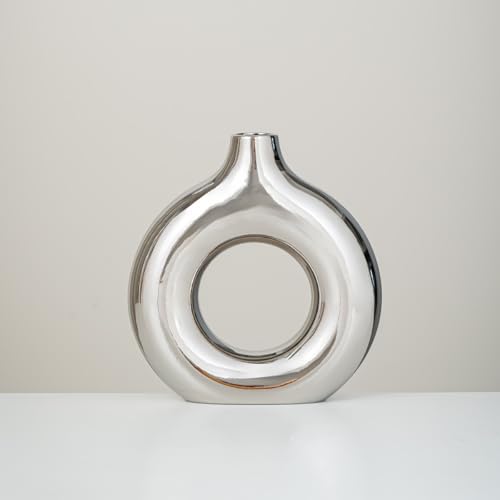 White and Gold Donut Vase, Modern Ceramic Vase for Pampas Grass, Perfect Centerpiece for Weddings, Living Room, and Office Decor (Full Silver, L) - color: Full Silver, size: Large