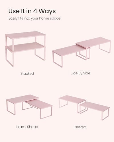 SONGMICS Cabinet Organizer Shelf, Set of 2 Kitchen Counter Shelves, Kitchen Storage, Spice Rack, Stackable, Expandable, Metal and Engineered Wood, Jelly Pink UKCS025S01 - color: Jelly Pink, size: 15.6"W
