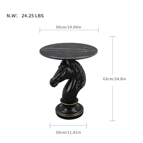 Modern Accent Table Living Room Horse Statue Black Contemporary‌ Faux Marble Night Stand Side Table with Horse Head Base Reception Area & Bedroom（Width 19.69" ——Tall 24.8"） - color: Black Horse Head Table