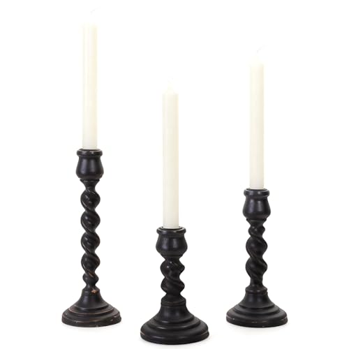 Candlestick Holders, 3 Pcs Rustic Black Candle Holder for Pillar Candles, 100% Solid Wood Decorative Candle Holders Distressed Wooden Farmhouse Candle Holder Large for Fireplace Table