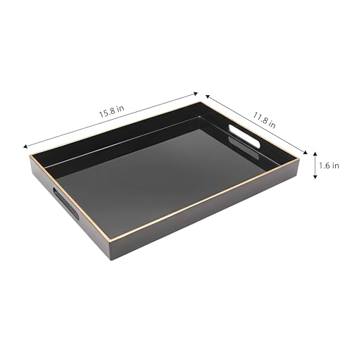 15.8" x 11.8" Black Plastic Serving Tray with Gold Trim and Handles, Decorative Rectangular Tray for Ottoman, Coffee Table, Kitchen Counter, Bathroom Vanity, Heavy-Duty & Easy to Clean - color: Black