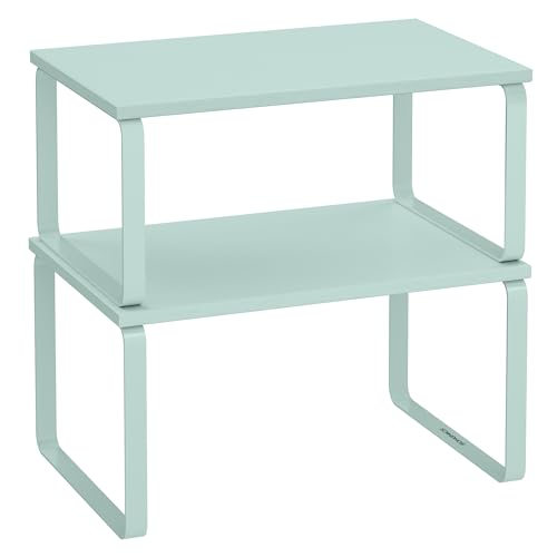 SONGMICS Cabinet Organizer Shelf, Set of 2 Kitchen Counter Shelves, Kitchen Storage, Spice Rack, Stackable, Expandable, Metal and Engineered Wood, Moonlight Green UKCS002C01 - color: Moonlight Green, size: 11.7"W