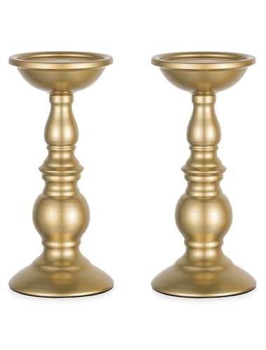 Set of 2 Gold Candlestick Metal Pillar Candle Holders, Flameless Candlestick Holders Stand Centerpieces Decoration Ideal for Weddings, Special Events, Parties - size: 2 x L