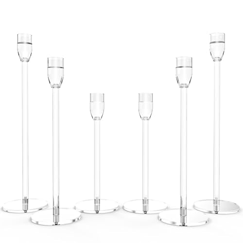 Tall Candlestick Holders Acrylic Clear Taper Candle Stand Bundle for Table Centerpiece Suitable for 3/4 & 7/8 Inch Electronic LED Candles for Home Decor Wedding Party (6 PCsTaper Candle Holders)