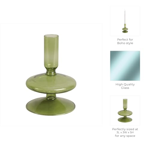 Glass Candle Holder - Taper Candle Holders and Candlestick Holders for Table Decor, for Living Room, Mantel, or Dining Table, Sculptural Disc and Sphere Design Home Decor Accent – 5", Green - color: Green, size: 5.0" H