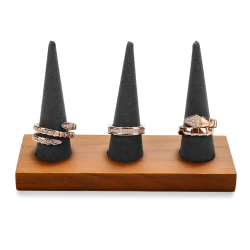 Oirlv Natural Solid Wood 3-Ring Jewelry Display Stand Grey Ring Organizer Holder - color: 3 Wood grey