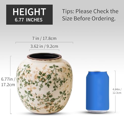 Vintage Green Round Pastoral Ceramic Vase 6.7”, Ice Cracked Chinoiserie Floral Vase, Rustic Decor for Living Room, Bookshelf, Office, Table Centerpiece - color: 07-green and Beige