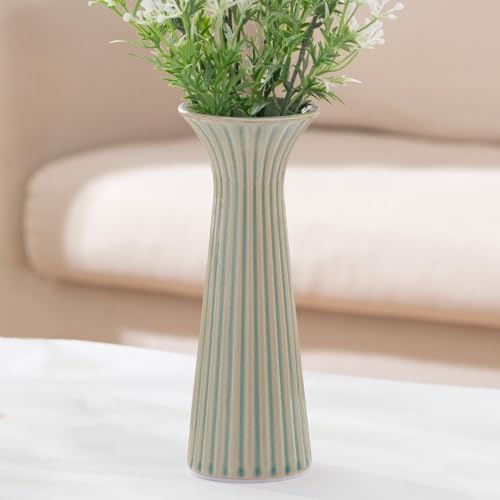 7.68” Vintage Green Ribbed Ceramic Vase, Small Rustic Farmhouse Vase for Pampas Grass, Centerpiece, Coffee Table, Kitchen, Office & Home Decor - color: Rustic Green
